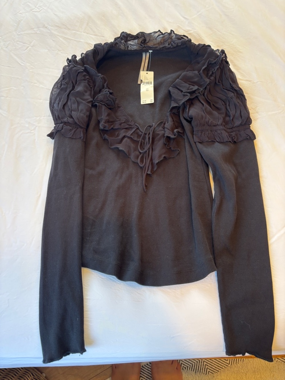 Anthropologie Black Ruffle-Trim Long Sleeve Top